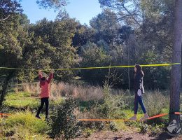 slack line, enfant, foret